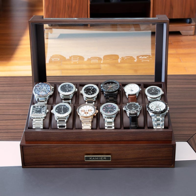 KAMIER High End Watch Box for Men, 12 Slot Wooden Watch Case With Drawer, Watch Display Box with Glass Lid, 2-Layer Watch Holder for Jewelry and Watch Storage for Men Women , Ideal for Gift (With Gift Box) - Image 3